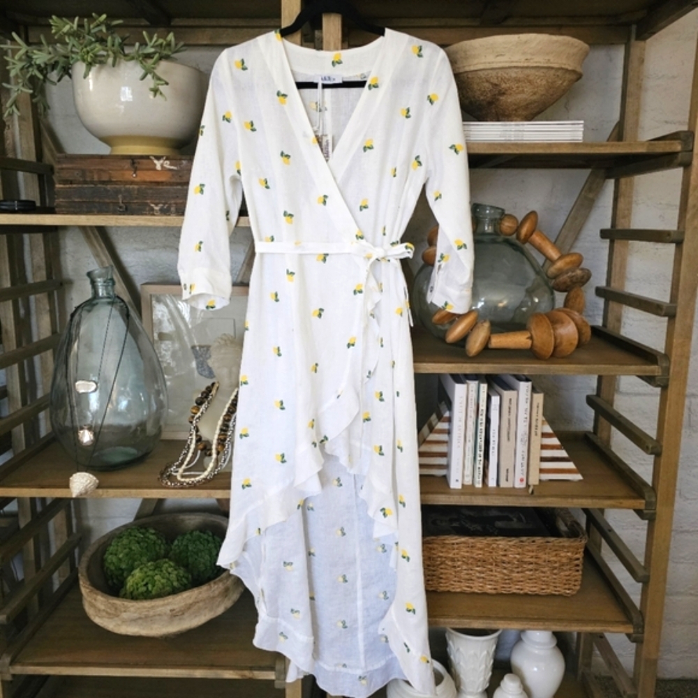 Idillio Positano White Linen Lemon Embroidered Wrap Dress SX/S NWT Resort Wear